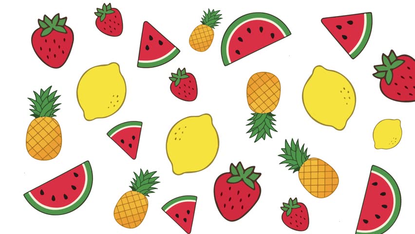 Seamless loop animation of summer fruits pattern. Pineapple, watermelon, lemon, and strawberry on white background