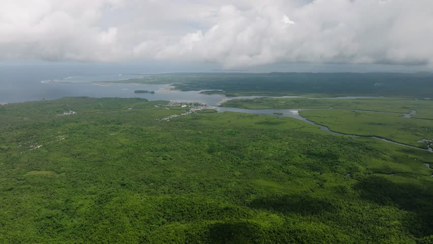 Settlement near tropical rivers surrounded by lush forest opening into the coastline under cloudy sky. Siargao, Philippines.