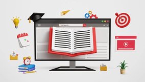 Online Education, E-Courses, Internet Education Webinar, Virtual Classroom, Remote E-Learning, Test, Knowledge Wisdom Concept. Study Online Courses on Computer. 4K 3D Video Animation - Powered by Shutterstock - Get 15% off with code: PIKWIZARD15