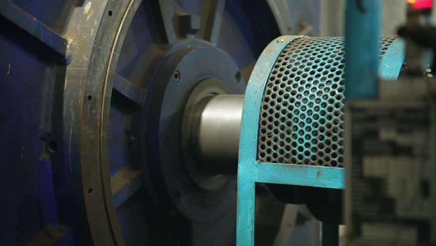 Footage Turbine power station working speed generator electric voltage for industrial plant. System control Generator turbine and motor gear  workplace. Electrical workshop technology industry factory