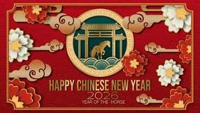 4K looping video themed Chinese New Year 2026, featuring a golden horse inside a circular frame with a traditional Chinese gate, clouds, and flowers on a red patterned background. Ideal for greetings. - Powered by Shutterstock - Get 15% off with code: PIKWIZARD15