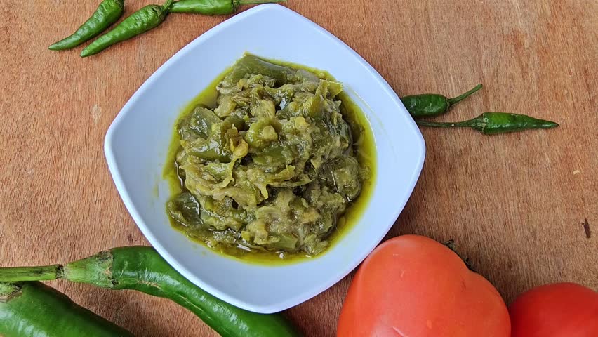 Sambal hijau,Sambal Ijo,Sambal lado mudo,Green chili sambal,Green chili paste,Green chili sauce.Traditional Indonesian sambal from West Sumatra