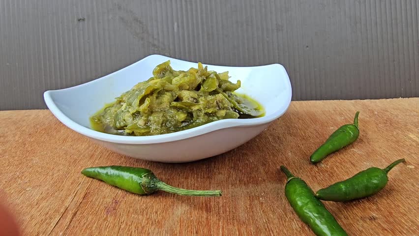 Sambal hijau,Sambal Ijo,Sambal lado mudo,Green chili sambal,Green chili paste,Green chili sauce.Traditional Indonesian sambal from West Sumatra