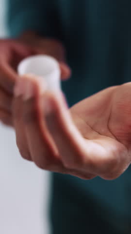 Hands, person and pills for medicine, healthcare or prescription drugs for wellness in home. Palm, pour medication or bottle with supplements, pharma treatment or medical benefits with cure closeup