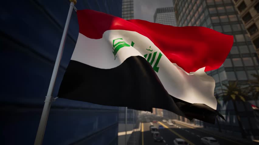 Iraq national flag waving along a modern city street under clear daylight, surrounded by buildings, palm trees and light traffic within an urban environment. This vibrant banner displays the iconic horizontal tricolor of red, white, and black bands. The central stripe features the Takbir, written in green Kufic script, which stands out distinctly against the pale background. As the textile ripples in the steady breeze, the crimson top section symbolizes courage while the bottom noir band represents historical triumph. The fabric moves with fluid dynamics, snapping occasionally as wind gusts pass through the metropolis of Baghdad. Behind this patriotic ensign, the skyline showcases a blend of contemporary concrete architecture and traditional Middle Eastern designs. Tall date palms line the thoroughfare, their fronds swaying gently in rhythm with the cloth. This scene evokes a strong sense of national pride, making it suitable for Republic Day or similar state occasions. Sunlight floods the avenue, casting defined shadows and highlighting the woven texture of the material. The standard acts as a potent symbol of sovereignty in the Cradle of Civilization. Vehicles move smoothly in the distance, providing a kinetic yet unobtrusive backdrop. The emblem commands attention, its colors saturated and distinct against the azure sky. As the pendant billows, it reveals the intricate craftsmanship of the nylon. The visual narrative speaks of resilience and deep history. Observers can appreciate the juxtaposition of static government structures and the fluid motion of the streamer. The atmosphere is calm yet active, characteristic of a bustling capital during business hours. This clip serves as a high-quality establishing shot for narratives centered on the Arab Republic. The fluttering object captures the true essence of the nation.