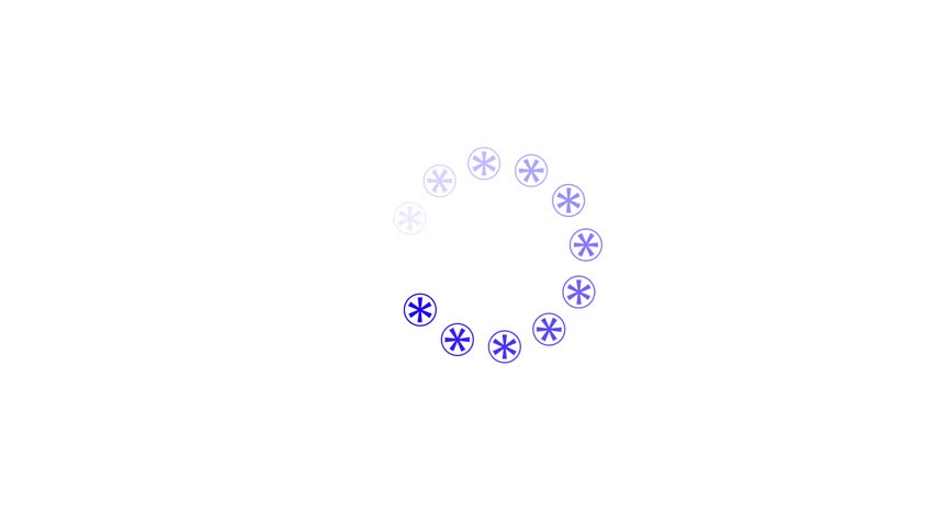 A circular loading indicator with blue asterisk-like symbols fading in opacity against a clean white background.