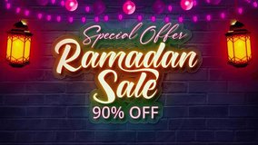 Ramadan Sale neon text glowing with traditional lanterns and decorative lights, perfect for festive promotions, social media ads, ecommerce campaigns, and holiday marketing visuals. - Powered by Shutterstock - Get 15% off with code: PIKWIZARD15