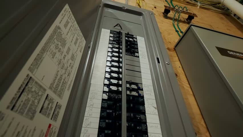 Close-up of an electrical circuit breaker panel in a new wooden home under construction, highlighting home wiring, electrical systems, and residential safety installation.