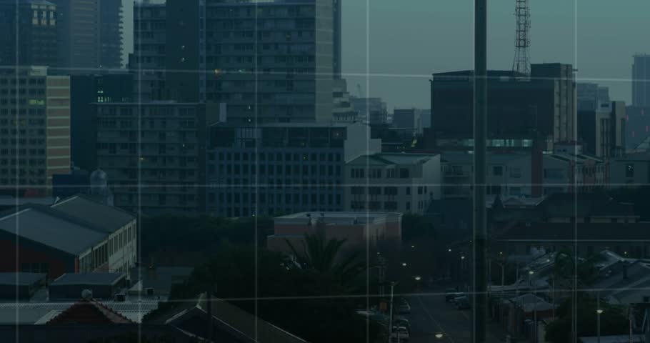 City skyline showing blue bars rising after faint grid appearing, visualizing shifting market data. Urban, rooftop, aerial, metropolis, analytics, visualization, overlay