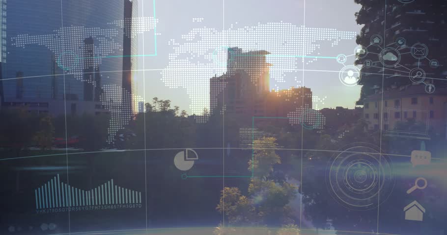 Camera panning right plaza revealing sun peeking behind midrise tower catching sun HUD showing data. Skyscraper, skyline, reflections, lensflare, glass, urban, interface