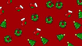 A cheerful Christmas background featuring wreaths, Christmas trees, and stockings scattered on a red surface. Perfect for holiday greetings and festive designs. - Powered by Shutterstock - Get 15% off with code: PIKWIZARD15