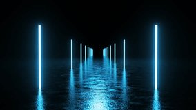 Glowing neon tube pillars form a path into the darkness, reflecting on a wet floor surface, creating a mysterious and futuristic atmosphere - Powered by Shutterstock - Get 15% off with code: PIKWIZARD15