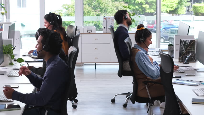 Call center, discussion and people with headset, coworking and help with troubleshooting on website. IT team, computer and group with mic for tech support, contact us and communication in office