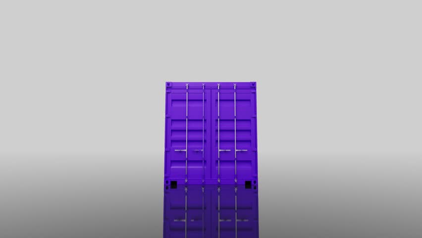 Purple intermodal shipping container rotating and opening metal doors, revealing shadowy interior against white background, showcasing global logistics and freight transport concept
