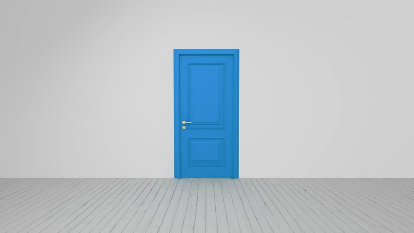 Vintage blue wooden door slowly opening, revealing pristine green screen background for seamless video compositing and creative content integration