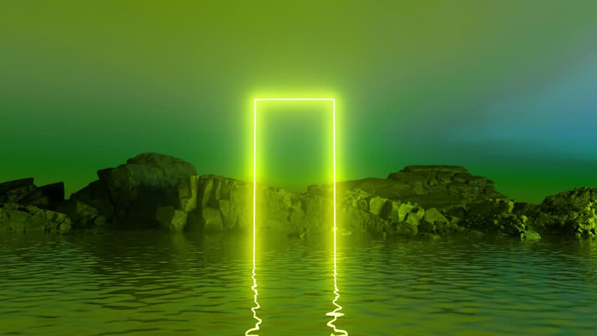 Luminescent green portal emerging from shadowy waters, rising near rocky shoreline under ethereal night sky with vibrant blue green atmospheric glow - Powered by Shutterstock - Get 15% off with code: PIKWIZARD15