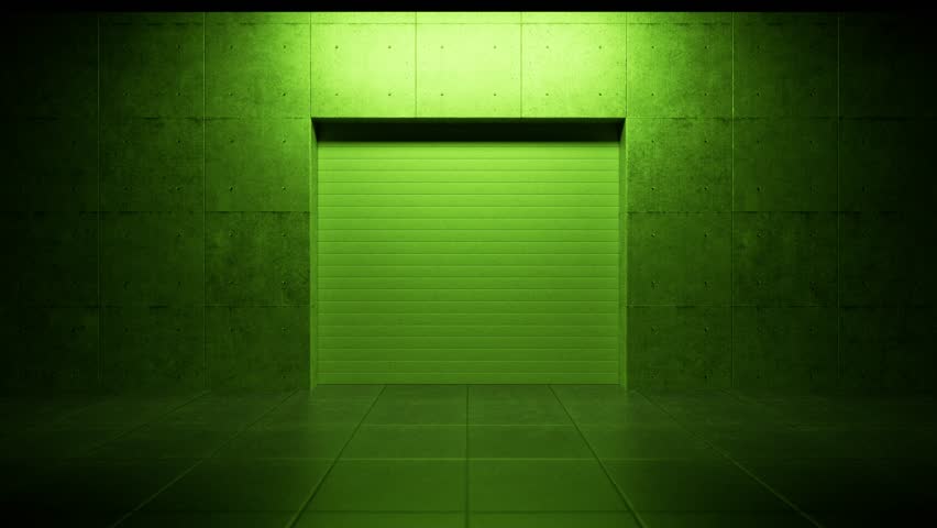Green metallic garage door opens upwards, unveiling dark tunnel illuminated by vibrant neon lights, creating a mysterious and futuristic atmosphere
