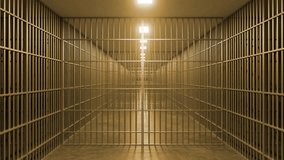 Rows of golden prison cells stretch down a long corridor, illuminated by lights receding into the distance, creating an atmosphere of confinement and anticipation - Powered by Shutterstock - Get 15% off with code: PIKWIZARD15