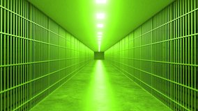 Stark green prison corridor extending through concrete hallway, lined with metal bars and illuminating overhead lights, revealing institutional emptiness and architectural solitude - Powered by Shutterstock - Get 15% off with code: PIKWIZARD15