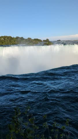 Powerful Close-Up Cascading Water Sheets and Foamy Spray from Horseshoe Falls Niagara Ontario Canada - Dynamic Slow-Motion Flow Over Rocky Ledge with Turquoise Blue Rapids and Misty Atmosphere for Nat