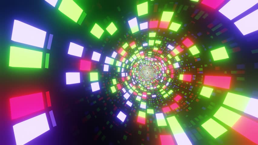 Colorful, cube-shaped time tunnel, intermittently illuminated with different colors of light in rhythmic and regular manner.Keep going forward. Allowing for instant teleportation.Transition effect.3D.