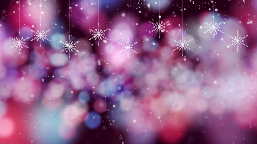 Swinging snowflakes on colorful blurred bokeh copy space looping background.	
