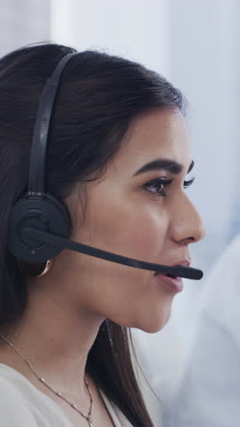 Call center, talking and woman in office, profile and help desk with communication. Headset, consulting and happy employee in workplace, system solution and customer service with advice and smile