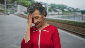 Senior woman with grey hair looking concerned at an outdoor train station, touching her head in worry, wearing a red outfit against a blurred railway background. - Powered by Shutterstock - Get 15% off with code: PIKWIZARD15