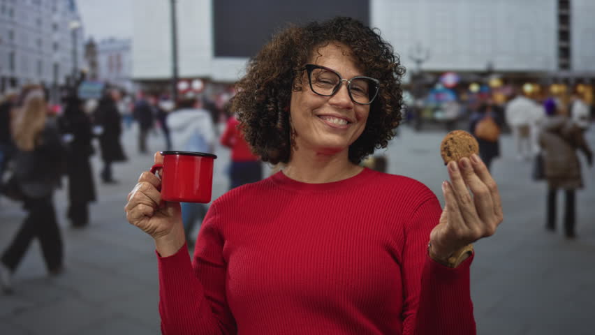 Woman holding red ceramic mug and chocolate chip cookie on city street among blurred background crowd; morning joy ritual.