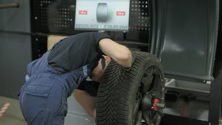 Professional auto mechanic changing and balancing car wheel in a tire fitting workshop