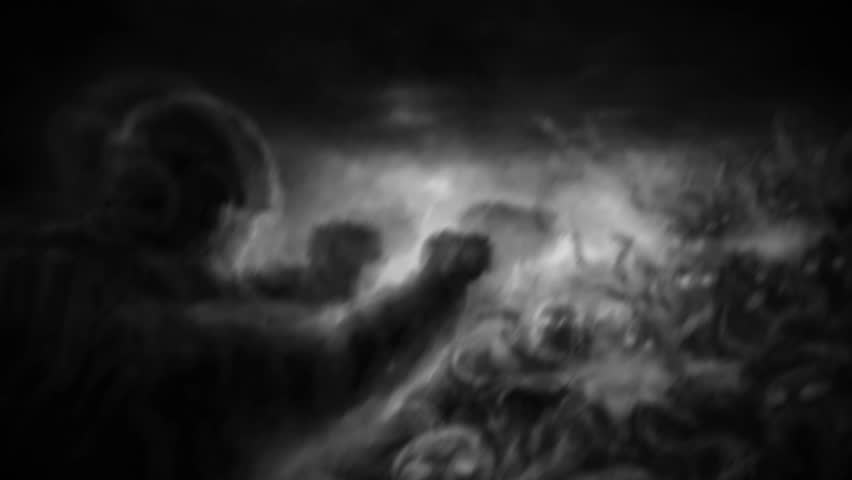 Battle with scary aliens 2D animation. Angry armored soldier shoots in evilry monsters horde. Sci-fi horror genre. Creepy animated backdrop movie. Vj video and music clips. Black and white background.