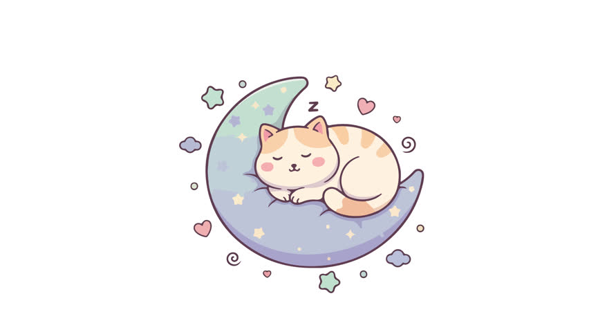 A charming illustration of a cute cat sleeping peacefully on a crescent moon, surrounded by stars. Perfect for children