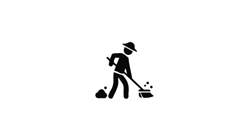 A stick figure is depicted sweeping, showcasing a simple animation of cleaning and maintenance. Ideal for illustrating concepts related to cleanliness and work.