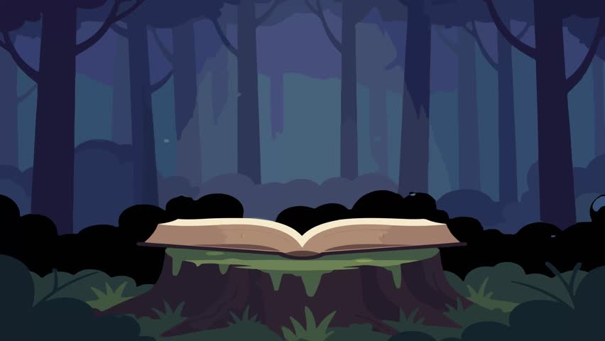 Two cute owls are reading a book together in the forest at night. The scene is peaceful and serene.