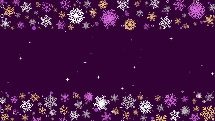 White, gold, and purple snowflakes forming decorative frame on dark purple background. Copy space. Winter border. Loop animation.