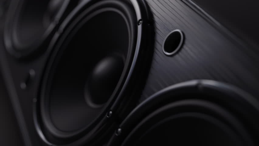 Studio subwoofer audio speakers playing loud sound. 3d video animation