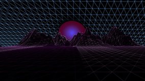 A futuristic neon wireframe landscape with glowing grid mountains and a bright synthetic sun rising on the horizon, creating a dynamic retro sci-fi digital environment with vibrant motion. - Powered by Shutterstock - Get 15% off with code: PIKWIZARD15