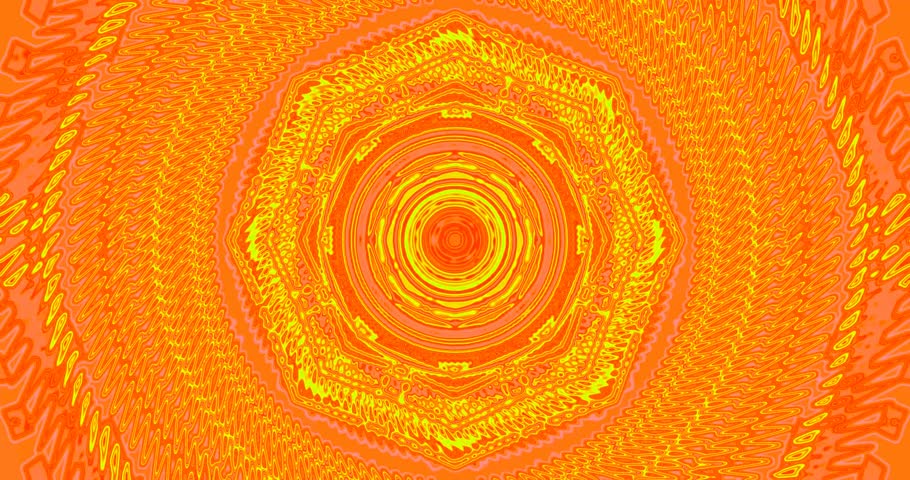 An animated illustration of a glazing orange and yellow concentric circle kaleidoscope abstract pattern