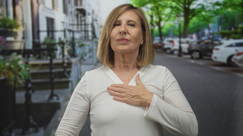 Middle aged caucasian woman in white top raises right hand and places left palm on chest in city street; sincerity.