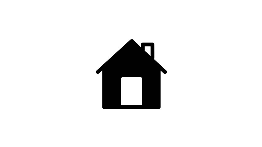 A minimalist black house icon with a white door and chimney, set against a clean white background, symbolizing home, property, or real estate.