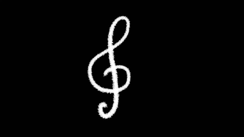An abstract animated loop of a white, textured treble clef (G-clef) music sign scribbled onto a pure black background. The scene represents music, sound, and creative motion graphics.