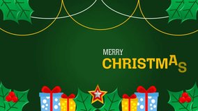 Merry Christmas text animation on festive green background with holly, berries, gifts, and star. Holiday season greeting card, New Year, winter celebration promo loop. - Powered by Shutterstock - Get 15% off with code: PIKWIZARD15