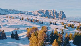 Cinematic aerial drone shot of a golden autumn trees with snow-covered peaks of the Italian Dolomites in the background. Sunrise light highlights the glowing larch trees and the dramatic mountain - Powered by Shutterstock - Get 15% off with code: PIKWIZARD15