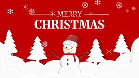 Animated Merry Christmas Snowman Greeting. Festive Red Background, Winter Trees, Snowfall. Holiday Season Opener, Digital E-card, Celebration Promotion. - Powered by Shutterstock - Get 15% off with code: PIKWIZARD15