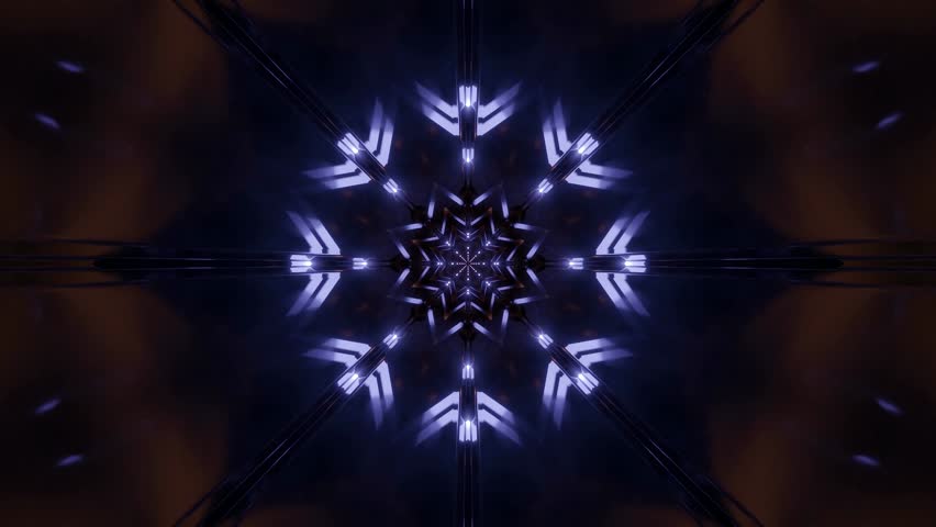 A 3d looping infinite tunnel with repeating geometric patterns and glowing neon lights in a dark space