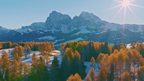 Cinematic aerial drone shot of a golden autumn trees with snow-covered peaks of the Italian Dolomites in the background. Sunrise light highlights the glowing larch trees and the dramatic mountain - Powered by Shutterstock - Get 15% off with code: PIKWIZARD15