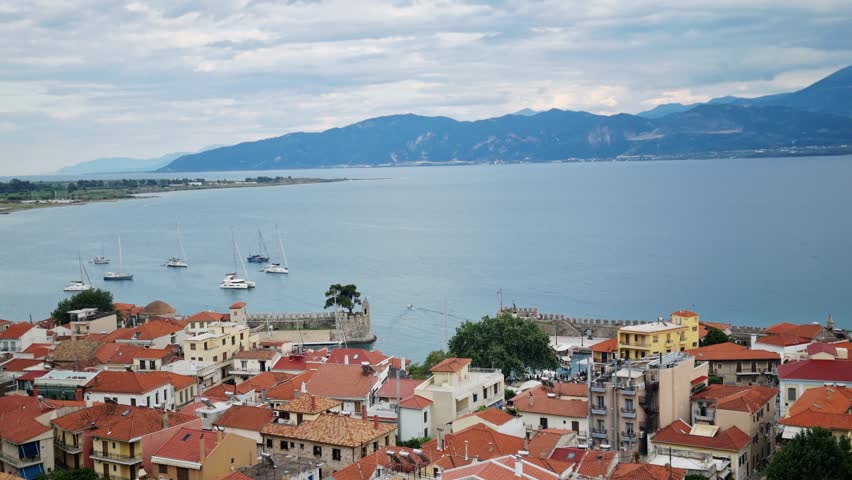Scenic Aerial View of Nafpaktos Port and Venetian Castle by the Sea