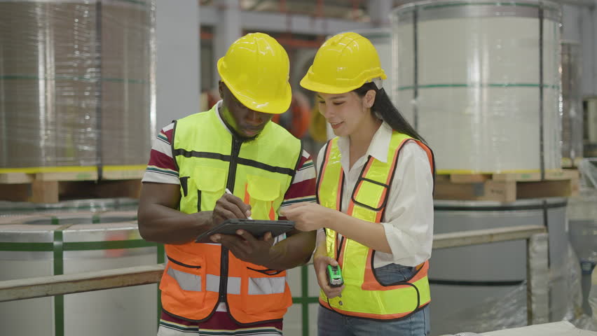 Diverse industrial team. African American man worker recording data on tablet, Asian woman engineer holding tape measure. Factory quality control, metal coil packaging inspection - Powered by Shutterstock - Get 15% off with code: PIKWIZARD15