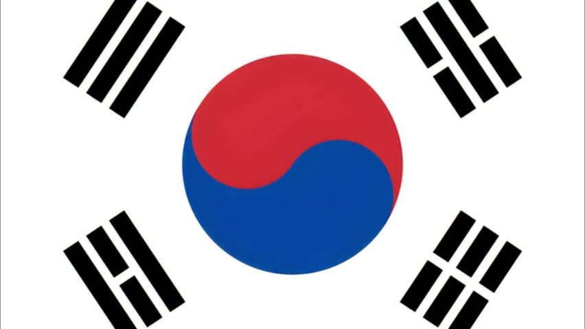 Beautiful 3D animation of the South Korea flag (Taegukgi). Seamless loop of the blue and red Yin-Yang and black trigrams, ideal for business and K-Pop content