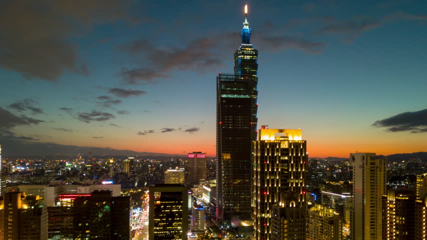sunset night illuminated taipei tower downtown aerial panorama 4k timelapse taiwan
